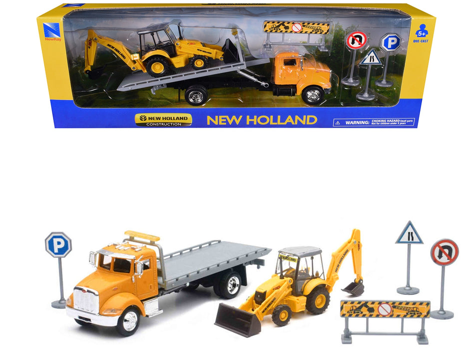 Peterbilt 335 Roll-Off Flatbed Truck and New Holland B110C Backhoe Loader with Street Signs "New Holland Construction" Diecast Models by New Ray - Miniature Motors