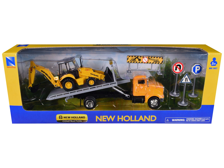 Peterbilt 335 Roll-Off Flatbed Truck and New Holland B110C Backhoe Loader with Street Signs "New Holland Construction" Diecast Models by New Ray - Miniature Motors