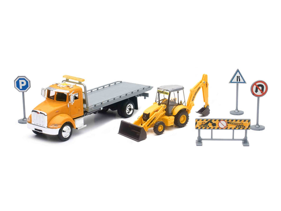 Peterbilt 335 Roll-Off Flatbed Truck and New Holland B110C Backhoe Loader with Street Signs "New Holland Construction" Diecast Models by New Ray - Miniature Motors