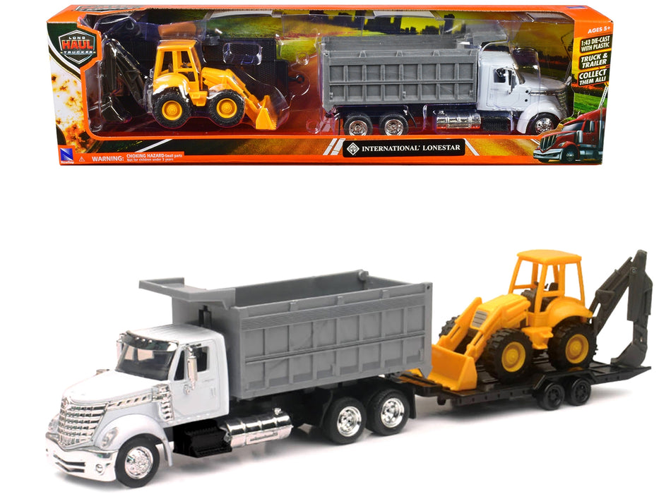 International Lonestar Dump Truck White and Wheel Loader Yellow with Flatbed Trailer "Long Haul Truckers" Series 1/43 Diecast Model by New Ray - Miniature Motors