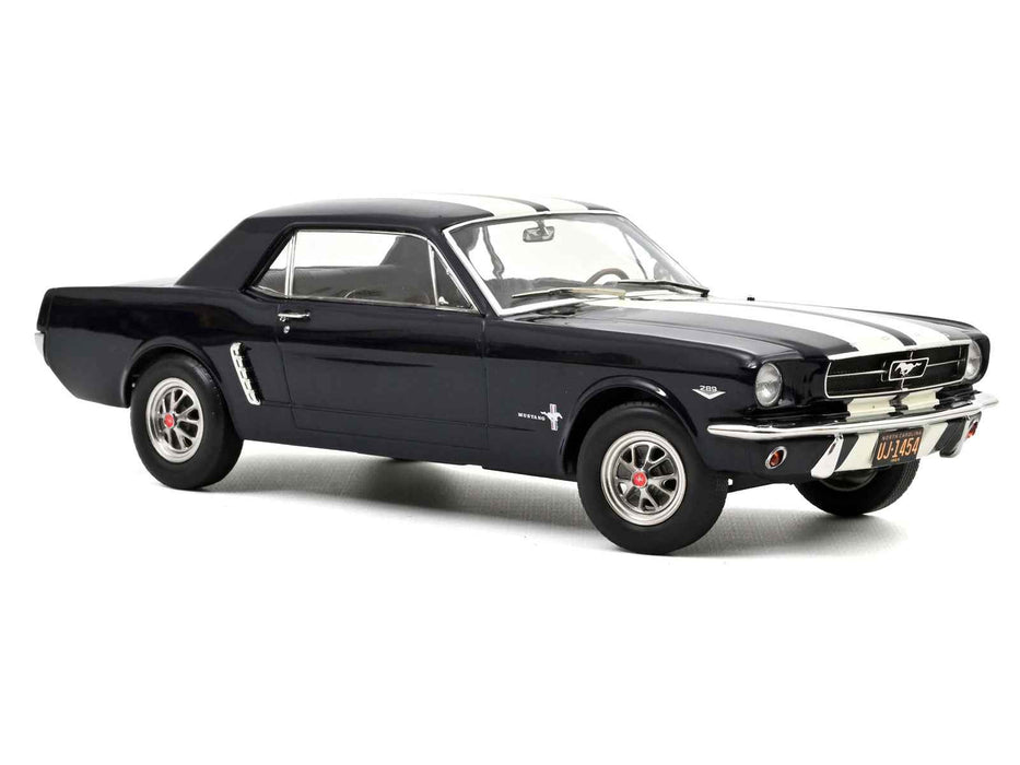 1965 Ford Mustang Hardtop Coupe Nightmist Blue Metallic with White Stripes 1/18 Diecast Model Car by Norev