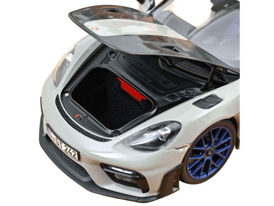 2023 Porsche Cayman GT4 RS Weissach Pack Chalk Gray with Carbon Hood Stripes 1/18 Diecast Model Car by Norev