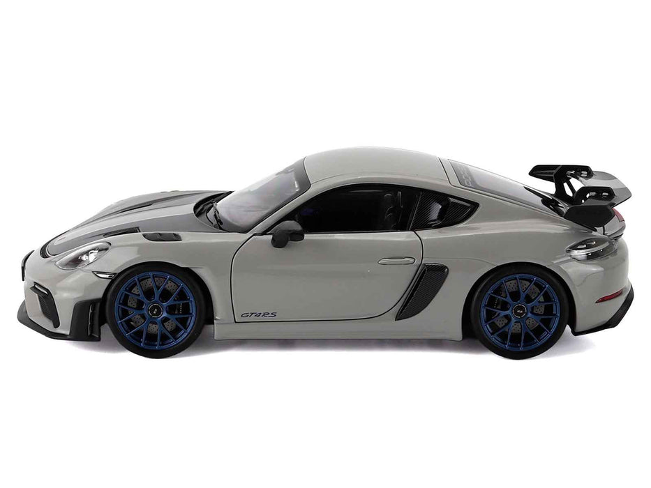 2023 Porsche Cayman GT4 RS Weissach Pack Chalk Gray with Carbon Hood Stripes 1/18 Diecast Model Car by Norev