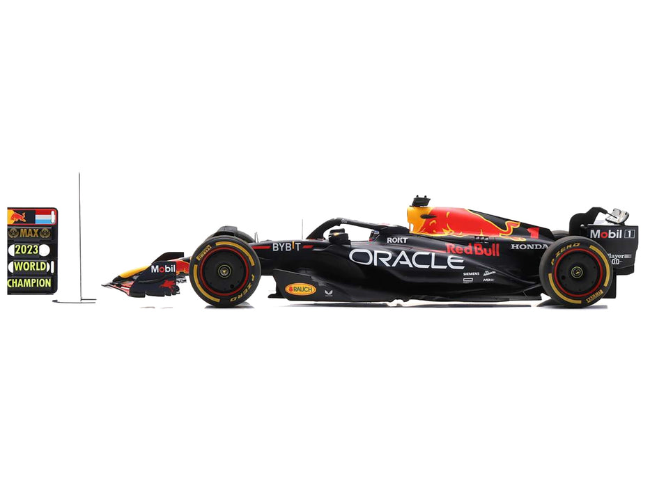 Red Bull Racing RB19 #1 Max Verstappen "Oracle" 2nd Place Formula One F1 "Qatar Sprint Race" (2023) with Number and Pit Board and Acrylic Display Case 1/18 Model Car by Spark
