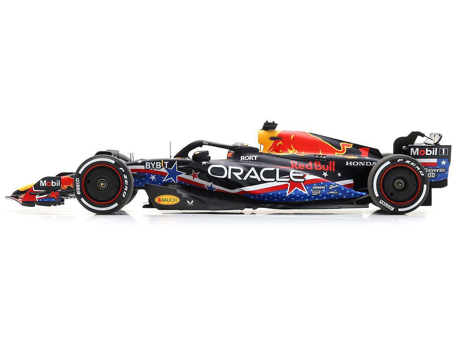 Red Bull Racing RB19 #1 Max Verstappen "Oracle" Winner Formula One F1 "United States GP" (2023) and Acrylic Display Case 1/18 Model Car by Spark