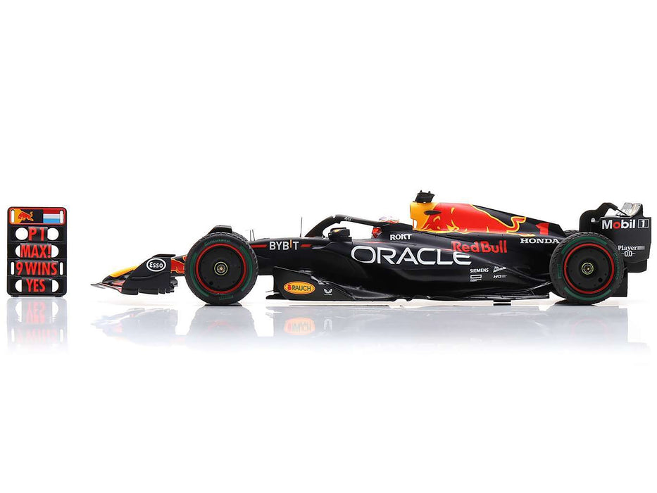 Red Bull Racing RB19 #1 Max Verstappen "Oracle" Winner Formula One F1 "Dutch GP" (2023) with Pit Board and Acrylic Display Case 1/18 Model Car by Spark