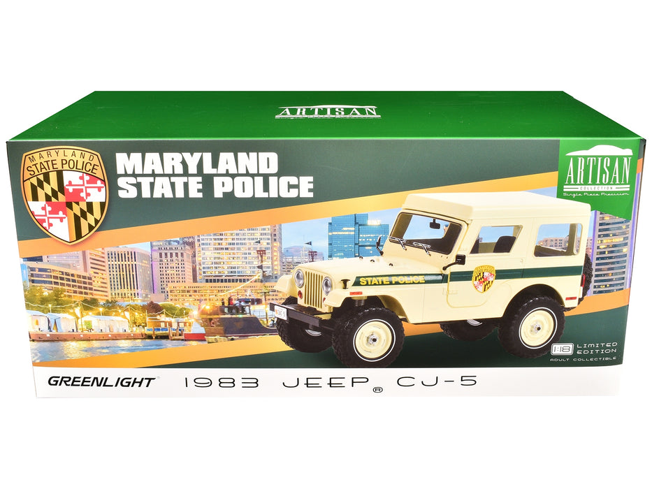 1983 Jeep CJ-5 Hardtop "Maryland State Police" Beige with Green Stripes "Artisan Collection" Series 1/18 Diecast Model Car by Greenlight