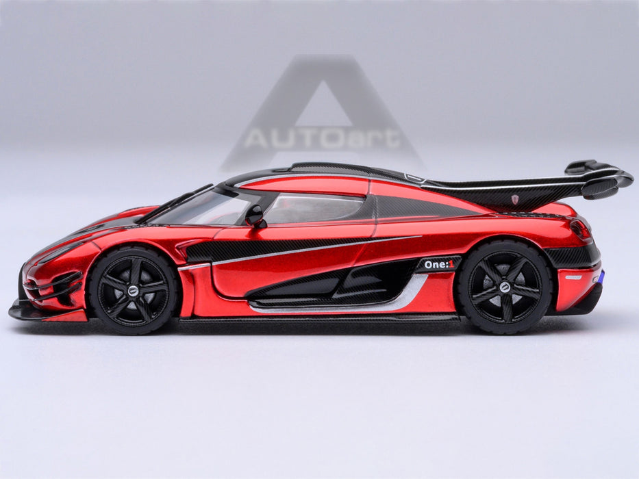 Koenigsegg One:1 Apple Red Metallic with Carbon and Silver Stripes 1/64 Model Car by Autoart
