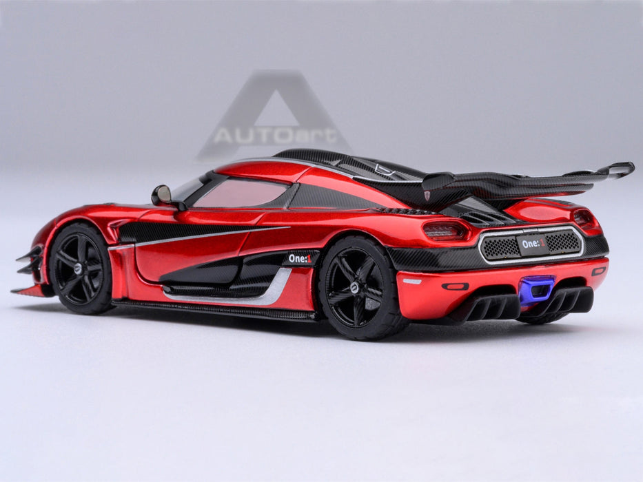 Koenigsegg One:1 Apple Red Metallic with Carbon and Silver Stripes 1/64 Model Car by Autoart
