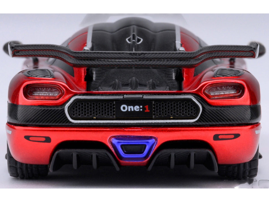 Koenigsegg One:1 Apple Red Metallic with Carbon and Silver Stripes 1/64 Model Car by Autoart
