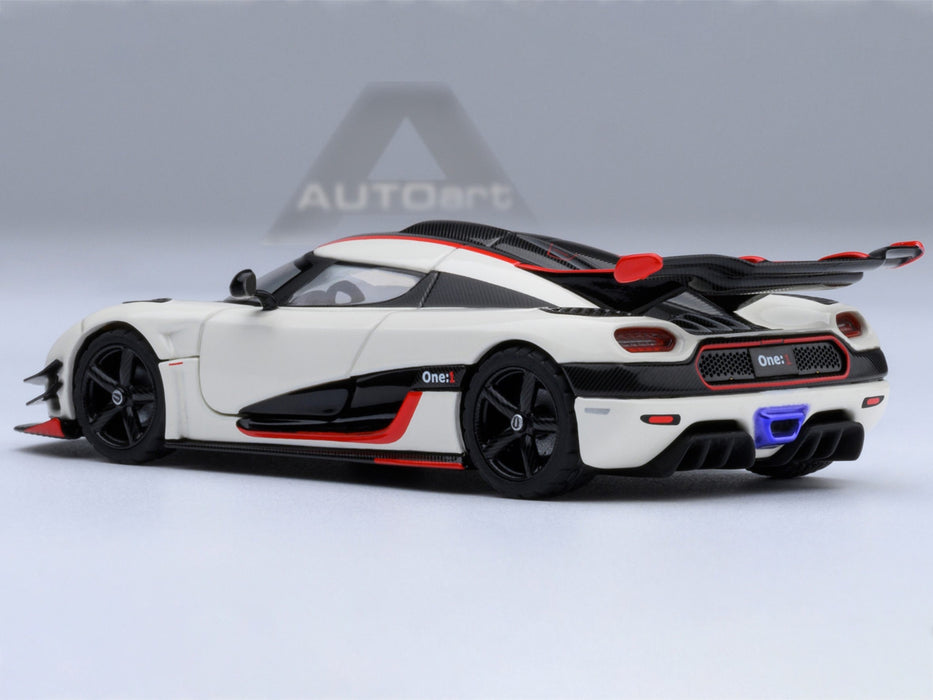 Koenigsegg One:1 Pebble White with Carbon and Red Stripes 1/64 Model Car by Autoart