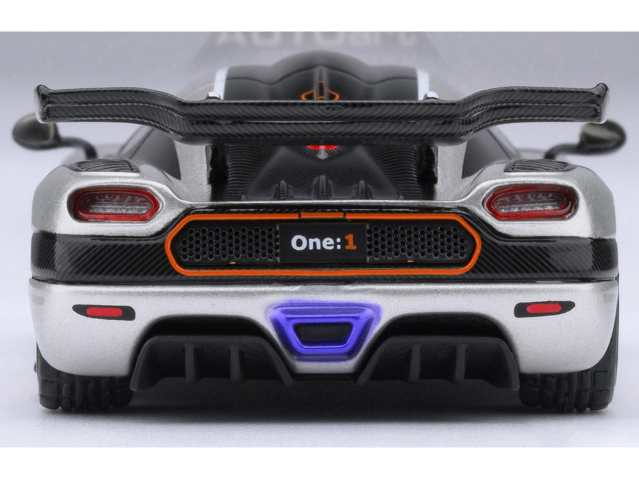 Koenigsegg One:1 Moon Gray Metallic with Carbon and Orange Stripes 1/64 Model Car by Autoart