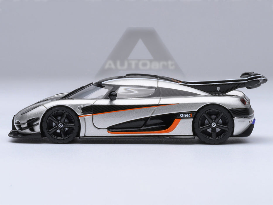 Koenigsegg One:1 Moon Gray Metallic with Carbon and Orange Stripes 1/64 Model Car by Autoart