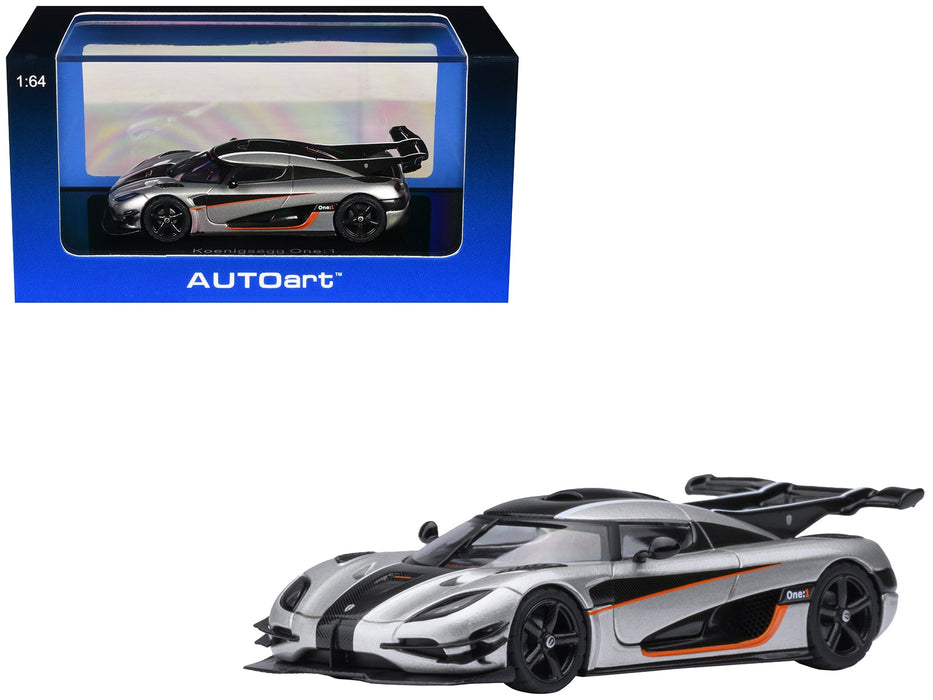 Koenigsegg One:1 Moon Gray Metallic with Carbon and Orange Stripes 1/64 Model Car by Autoart