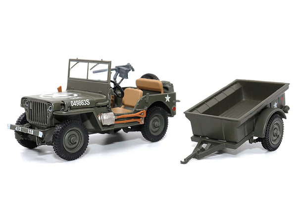 Willys Jeep 1/4-Ton Utility Truck Olive Drab with Trailer "United States Army" 1/43 Diecast Model by Militaria Die Cast - Miniature Motors