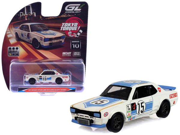 1972 Nissan Skyline 2000 GT-R (KPGC10) RHD (Right Hand Drive) #15 Kunimitsu Takahashi "50th Victory" White with Blue Stripe "Tokyo Torque" Series 10 1/64 Diecast Model Car by Greenlight