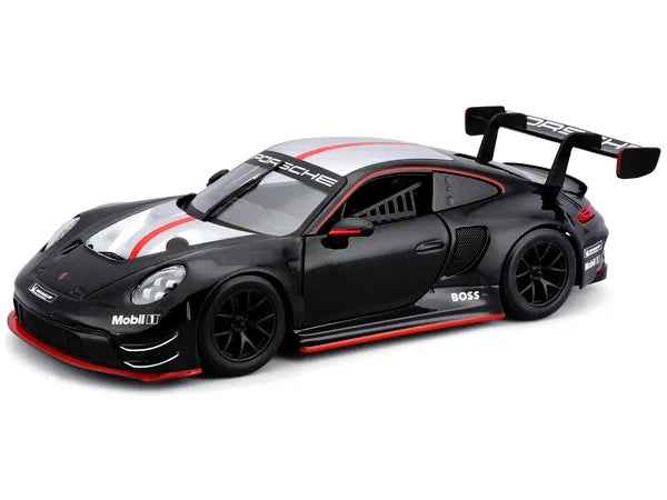 Porsche 911 GT3 R Black with Silver Hood and Top and Red Stripe "Race" Series 1/24 Diecast Model Car by Bburago