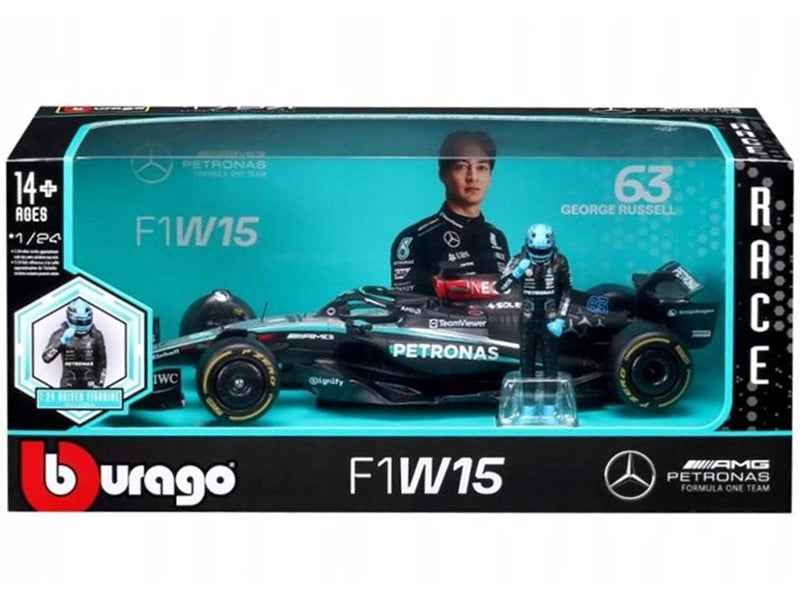 Mercedes-AMG F1 W15 E Performance #63 George Russell "Petronas" Formula One F1 Championship World Championship (2024) with Driver Figure 1/24 Diecast Model Car by Bburago