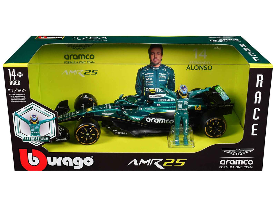 Aston Martin AMR25 #14 Fernando Alonso "Aramco" Formula One F1 "World Championship" (2025) with Driver Figure 1/24 Diecast Model Car by Bburago