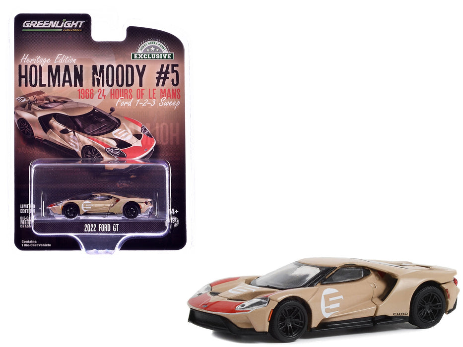 2022 Ford GT Heritage Edition #5 Holman-Moody "1966 24 Hours of Le Mans Ford 1-2-3 Sweep Tribute" Gold Metallic with Red Accents "Hobby Exclusive" Series 1/64 Diecast Model Car by Greenlight - Miniature Motors