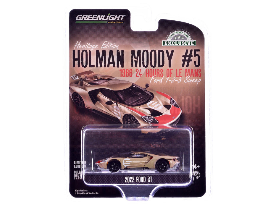 2022 Ford GT Heritage Edition #5 Holman-Moody "1966 24 Hours of Le Mans Ford 1-2-3 Sweep Tribute" Gold Metallic with Red Accents "Hobby Exclusive" Series 1/64 Diecast Model Car by Greenlight - Miniature Motors