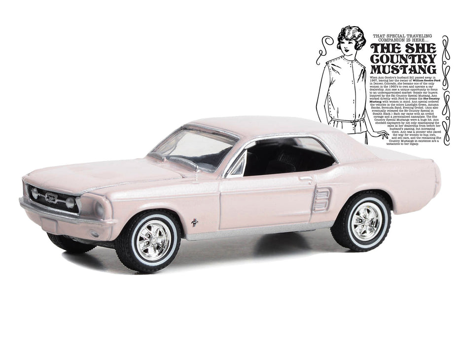 1967 Ford Mustang Coupe "She Country Special - Bill Goodro Ford Denver Colorado" Bermuda Sand "Hobby Exclusive" Series 1/64 Diecast Model Car by Greenlight - Miniature Motors