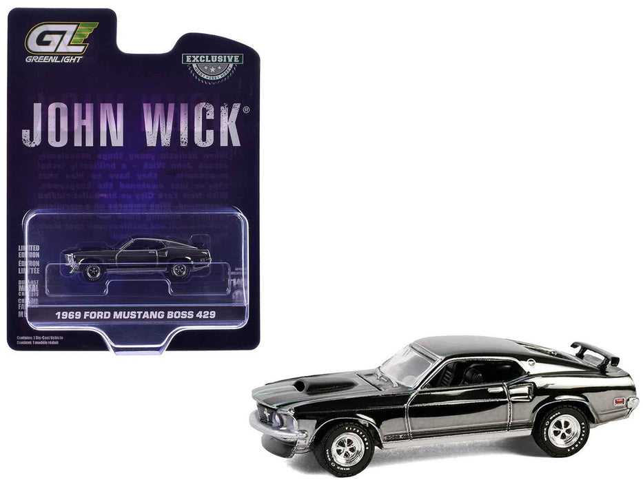 1969 Ford Mustang Boss 429 Silver Chrome Edition with Black Stripes "John Wick" (2014) Movie "Hobby Exclusive" Series 1/64 Diecast Model Car by Greenlight