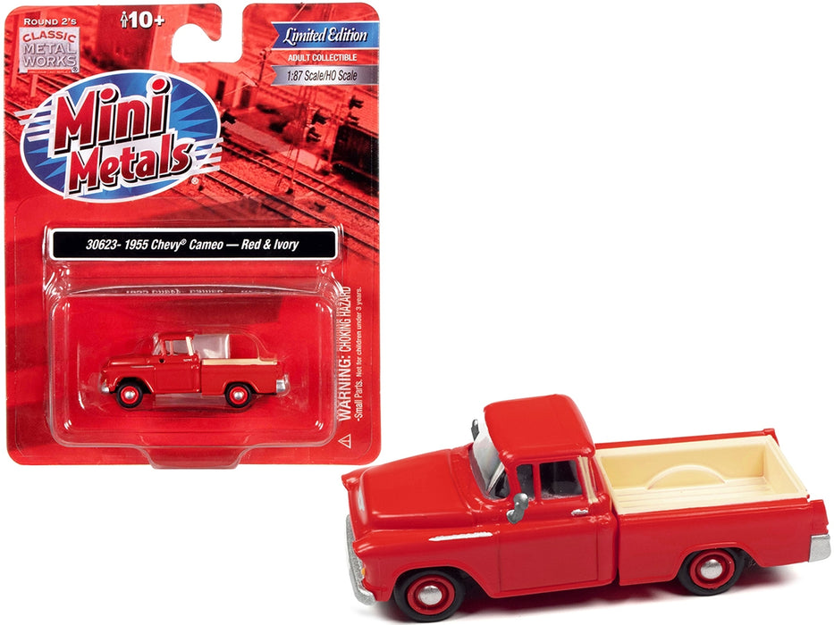 1955 Chevrolet Cameo Pickup Truck Red and Ivory 1/87 (HO) Scale Model Car by Classic Metal Works - Miniature Motors