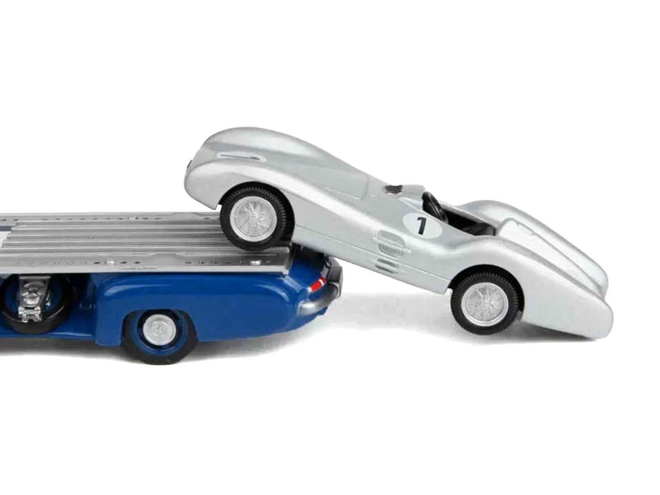 Mercedes-Benz Renntransporter Flatbed Truck Blue and 1954 Mercedes-Benz W196 #1 Silver Metallic 1/64 Diecast Model Car by Norev