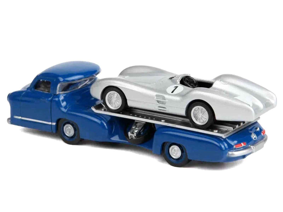 Mercedes-Benz Renntransporter Flatbed Truck Blue and 1954 Mercedes-Benz W196 #1 Silver Metallic 1/64 Diecast Model Car by Norev