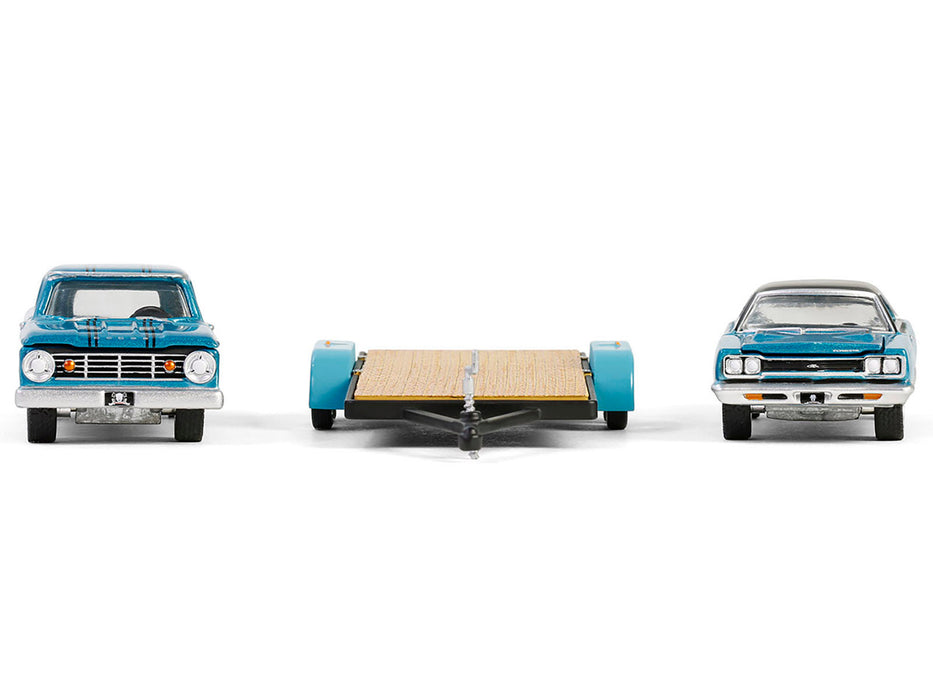 1969 Plymouth GTX Turquoise Metallic and 1967 Dodge D-200 Pickup Truck Turquoise Metallic with Flatbed Trailer "Graveyard Carz" (2012-Current) TV Series "Hollywood Hitch & Tow" Series 13 1/64 Diecast Model Cars by Greenlight