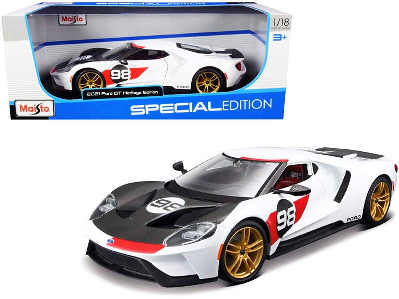 2021 Ford GT #98 White "Heritage Edition" 1/18 Diecast Model Car by Maisto - Miniature Motors