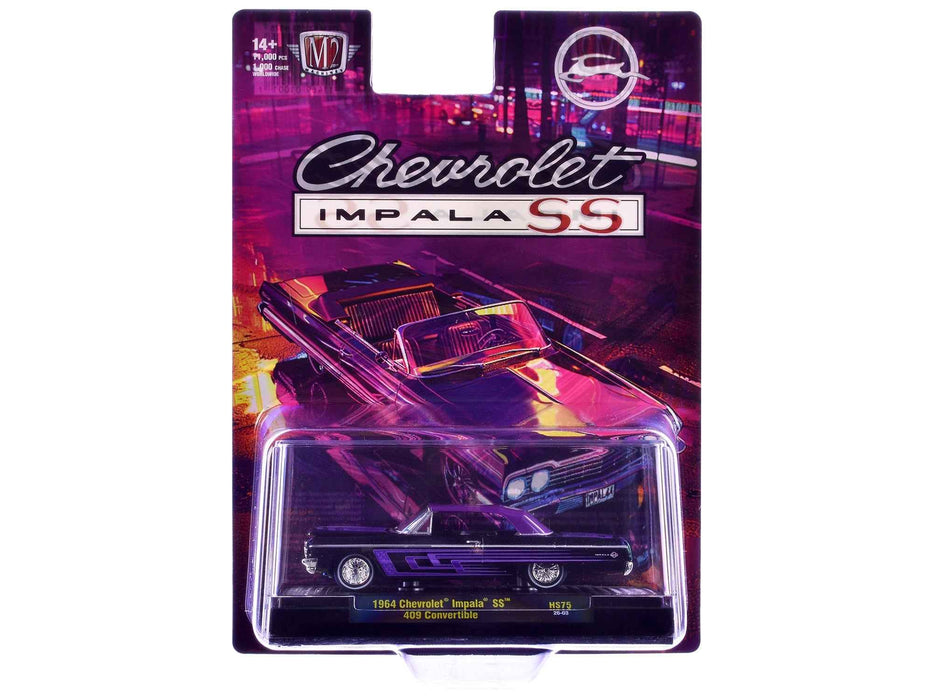 1964 Chevrolet Impala SS 409 Convertible Black Metallic with Purple Graphics and Purple Soft Top Limited Edition to 11000 pieces Worldwide 1/64 Diecast Model Car by M2 Machines