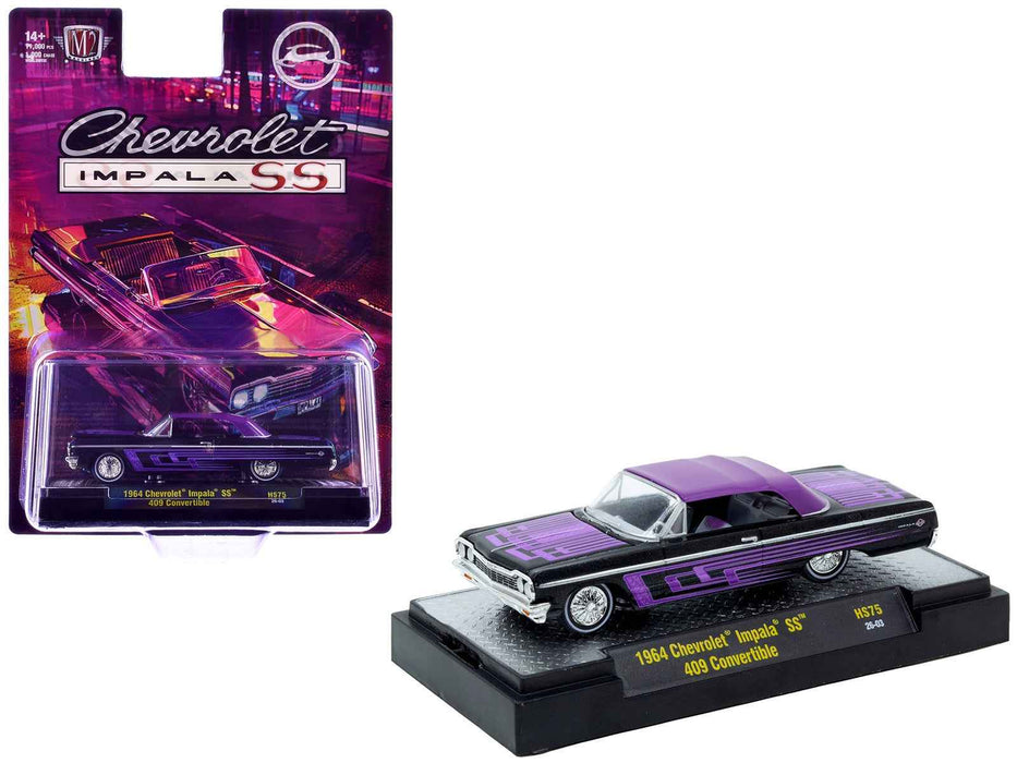 1964 Chevrolet Impala SS 409 Convertible Black Metallic with Purple Graphics and Purple Soft Top Limited Edition to 11000 pieces Worldwide 1/64 Diecast Model Car by M2 Machines