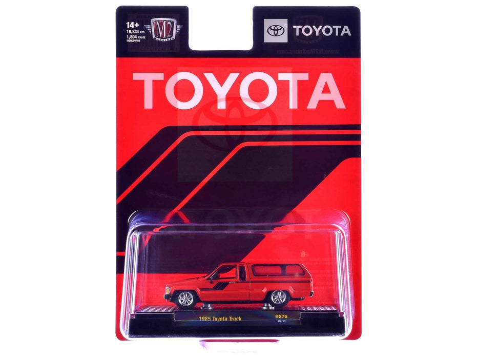 1985 Toyota SR5 Pickup Truck with Camper Shell Red with Black Stripes Limited Edition to 19844 pieces Worldwide 1/64 Diecast Model Car by M2 Machines