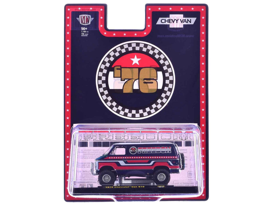 1976 Chevrolet G10 Van "Freedom '76" Dark Blue with White Top and Red and White Graphics Limited Edition to 7766 pieces 1/64 Diecast Model Car by M2 Machines