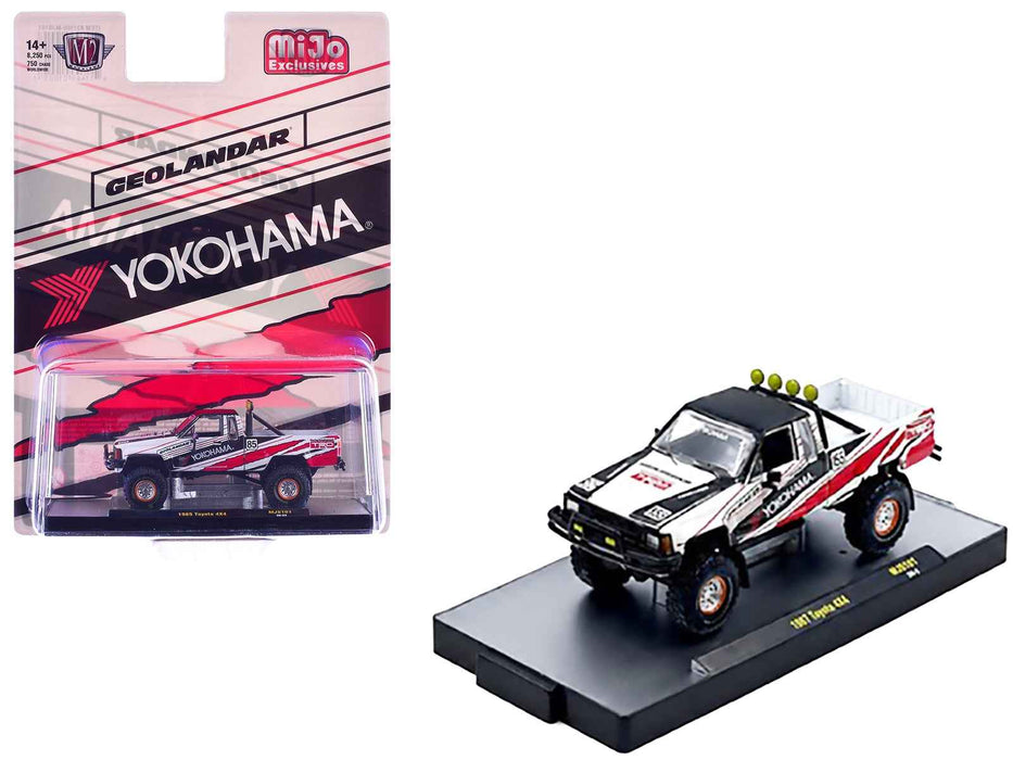 1985 Toyota SR5 44 Pickup Truck #85 "Yokohama" White with Black Top and Red and Black Graphics Limited Edition to 8250 pieces Worldwide 1/64 Diecast Model Car by M2 Machines