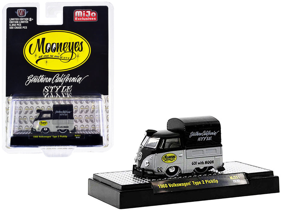 1960 Volkswagen Type 2 Pickup Truck with Canvas Cover "Mooneyes Southern California Style" Black and Gray Limited Edition to 6050 pieces Worldwide 1/64 Diecast Model Car by M2 Machines - Miniature Motors