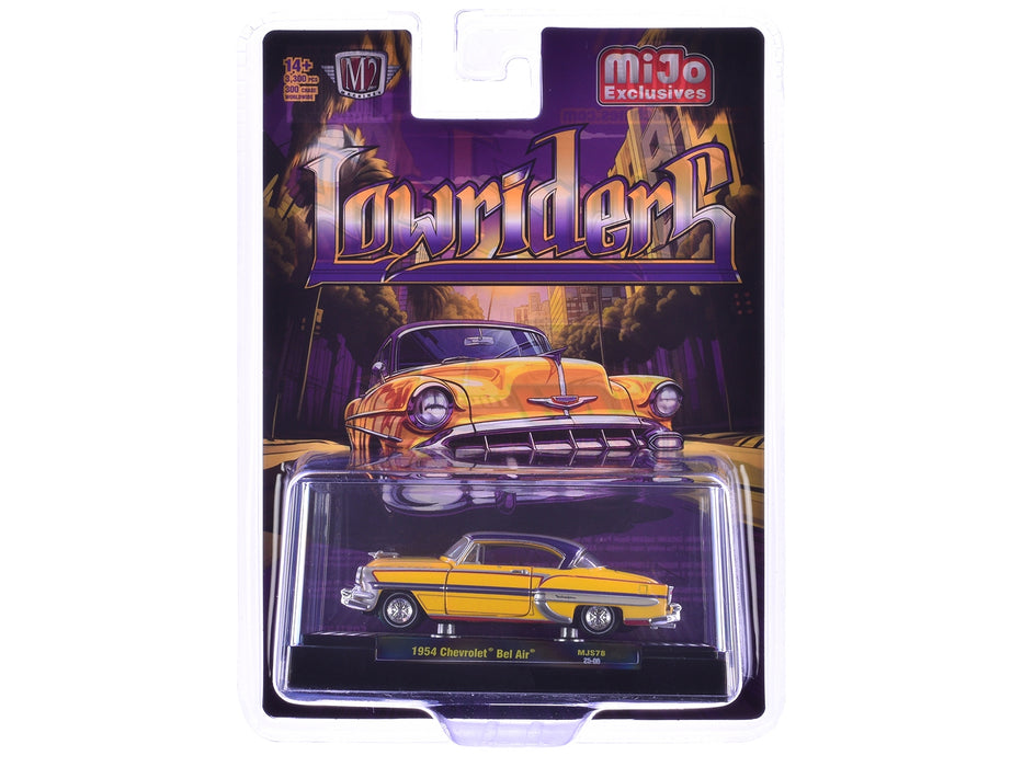 1954 Chevrolet Bel Air "Lowriders" Yellow Metallic with Stripes and Silver Stripes Top and White Interior Limited Edition to 3300 pieces Worldwide 1/64 Diecast Model Car by M2 Machines