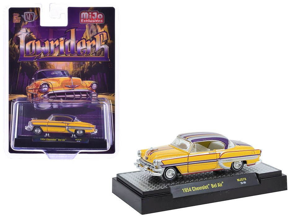 1954 Chevrolet Bel Air "Lowriders" Yellow Metallic with Stripes and Silver Stripes Top and White Interior Limited Edition to 3300 pieces Worldwide 1/64 Diecast Model Car by M2 Machines