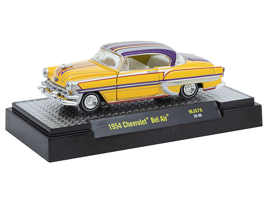 1954 Chevrolet Bel Air "Lowriders" Yellow Metallic with Stripes and Silver Stripes Top and White Interior Limited Edition to 3300 pieces Worldwide 1/64 Diecast Model Car by M2 Machines
