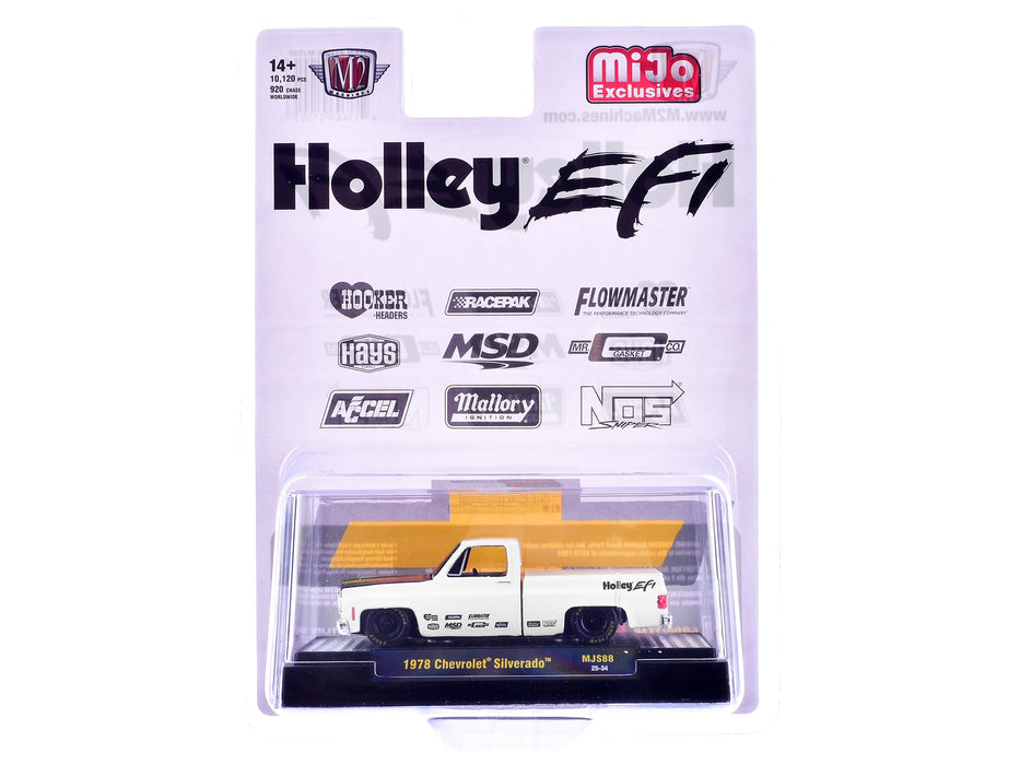 1978 Chevrolet Silverado Pickup Truck "Holley EFI" White with Black Hood Limited Edition to 10120 pieces Worldwide 1/64 Diecast Model Car by M2 Machines
