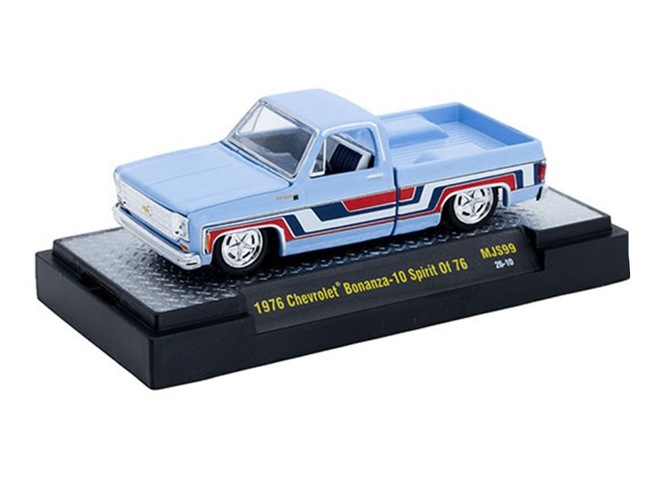 1976 Chevrolet Silverado Bonanza-10 Pickup Truck "Spirit of '76" Light Blue with Red White and Blue Graphics Limited Edition to 11770 pieces Worldwide 1/64 Diecast Model Car by M2 Machines