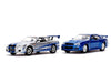 Brian's Nissan Skyline GT-R (BNR34) Silver with Blue Stripes and Nissan GT-R (BNR34) Blue Metallic Set of 2 pieces "25 Years of Fast & Furious" Series 1/32 Diecast Model Cars by Jada