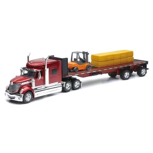 International Lonestar Truck with Flatbed Trailer Red Metallic with Front Loader and Rocks "Long Haul Truckers" Series 1/32 Diecast Model by New Ray