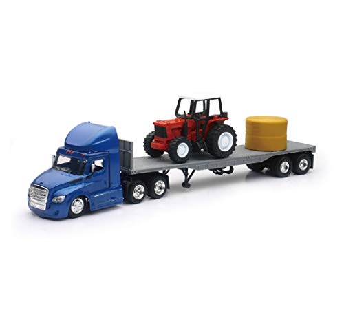 Freightliner Cascadia with Flatbed Trailer Blue with Farm Tractor Red and Hay Bales "Long Haul Trucker" Series 1/43 Diecast Model by New Ray
