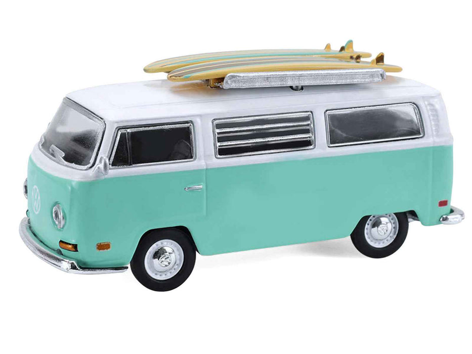 1971 Volkswagen Type 2 Van Seafoam Green and White with Surfboards and Teardrop Trailer "Hitch & Tow" Series 33 1/64 Diecast Model Cars by Greenlight