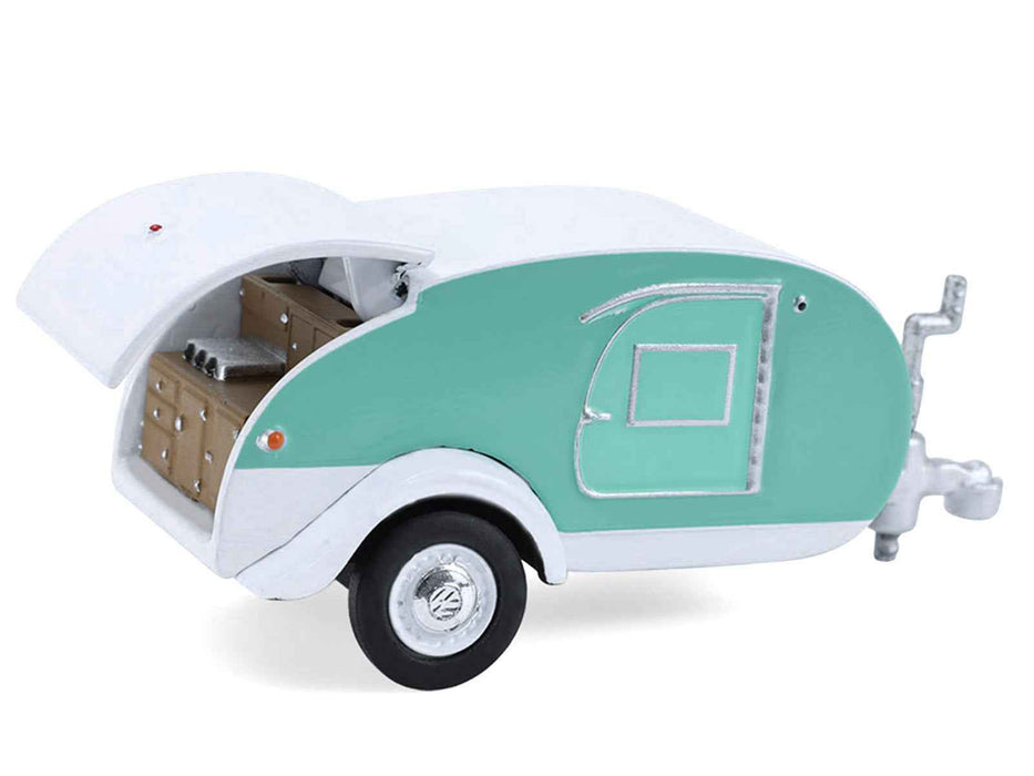 1971 Volkswagen Type 2 Van Seafoam Green and White with Surfboards and Teardrop Trailer "Hitch & Tow" Series 33 1/64 Diecast Model Cars by Greenlight