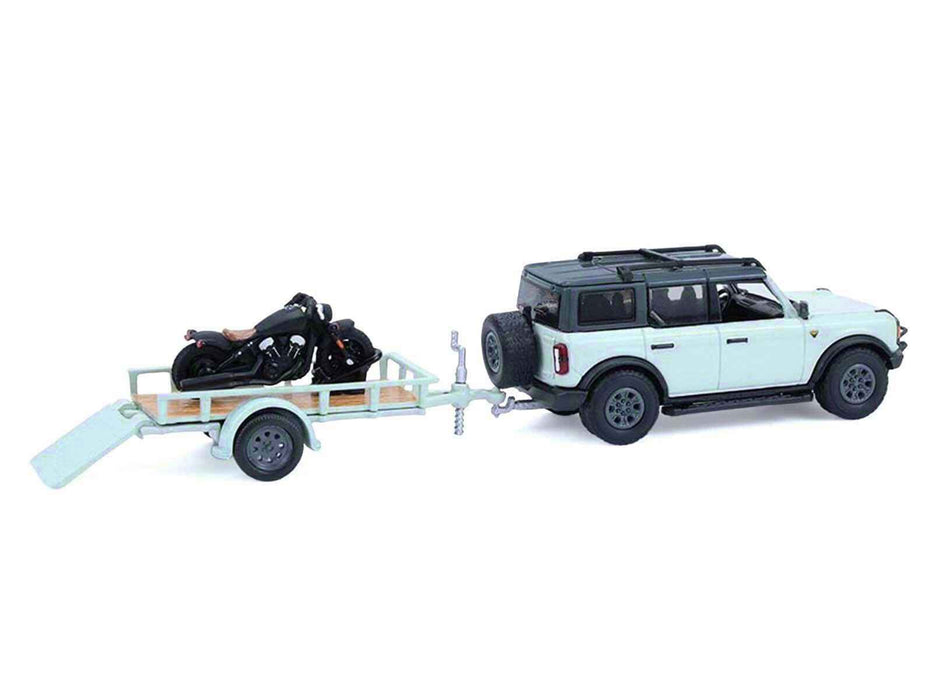 2021 Ford Bronco 4-Door Badlands Cactus Gray with Black Top and Motorcycle with Utility Trailer "Hitch & Tow" Series 33 1/64 Diecast Model Cars by Greenlight