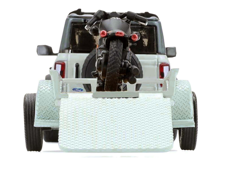 2021 Ford Bronco 4-Door Badlands Cactus Gray with Black Top and Motorcycle with Utility Trailer "Hitch & Tow" Series 33 1/64 Diecast Model Cars by Greenlight